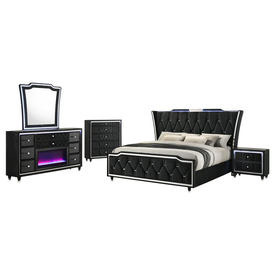 Lorient 5-piece Eastern King Fireplace Bedroom Set Black