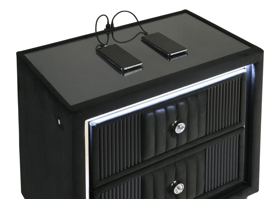 Ravenne 2-drawer Velvet Upholstered LED Nightstand with USB Black