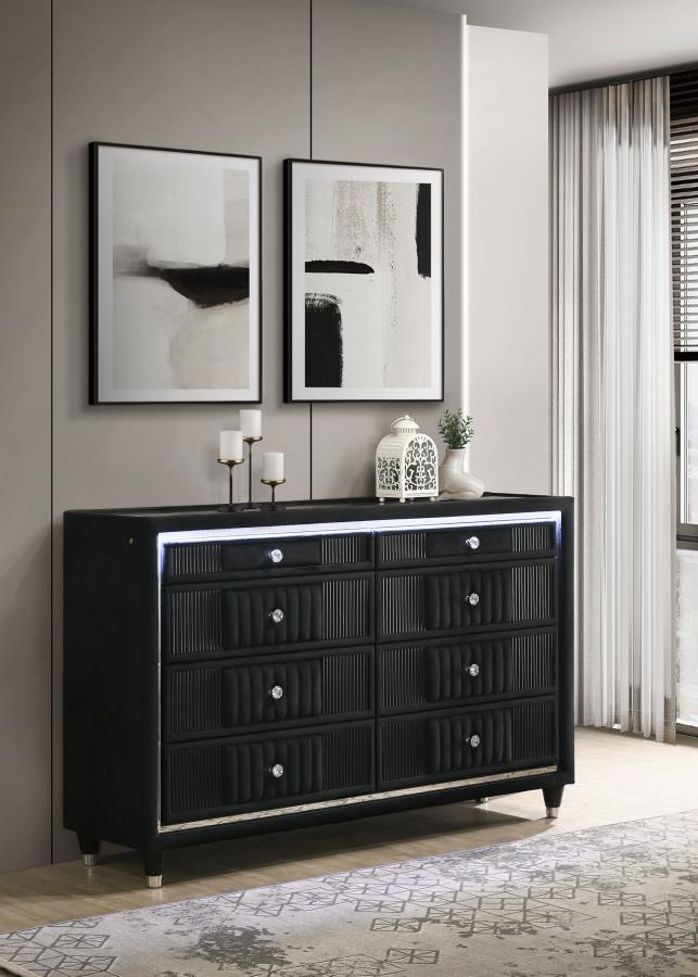 Ravenne 6-drawer Velvet Upholstered LED Dresser Cabinet Black