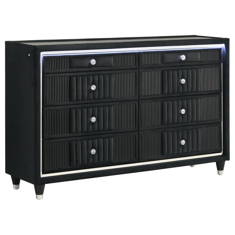 Ravenne 6-drawer Velvet Upholstered LED Dresser Cabinet Black