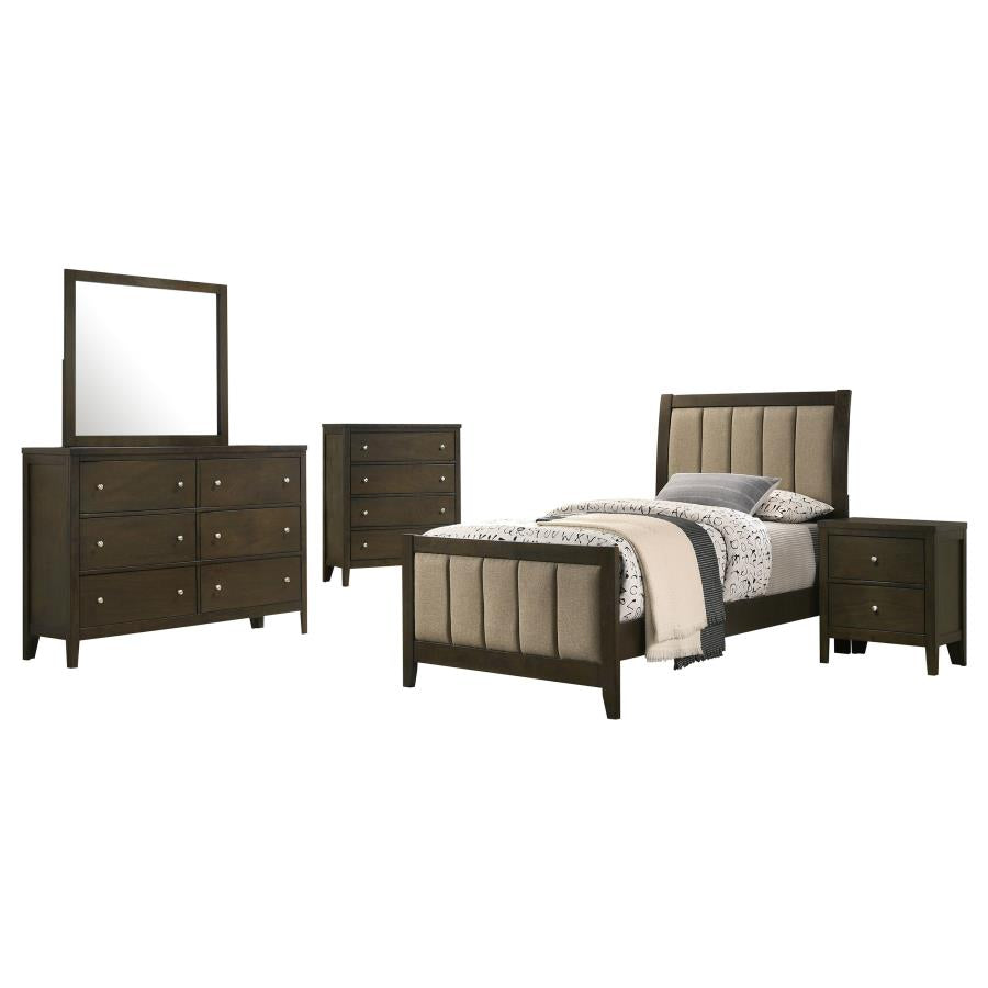 Wilkes 5-Piece Twin Bedroom Set with Upholstered Bed Dark Cocoa