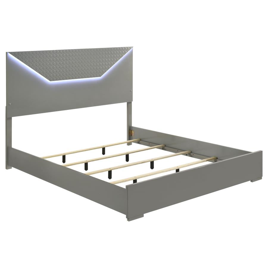 Ives Eastern King Panel Bed LED Headboard Grey High Gloss