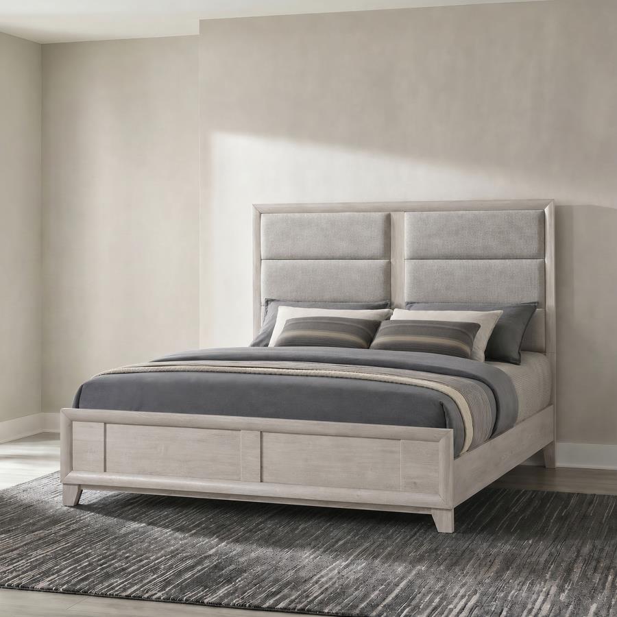 Farre Eastern King Upholstered Platform Panel Bed Washed Grey