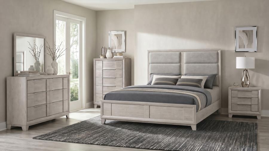 Farre Eastern King Upholstered Platform Panel Bed Washed Grey