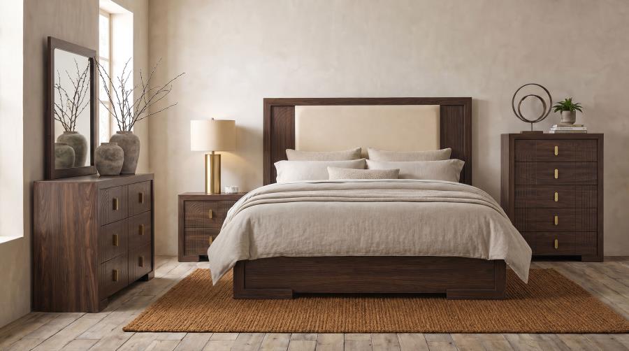 Etienne Eastern King Velvet Upholstered Panel Bed Walnut