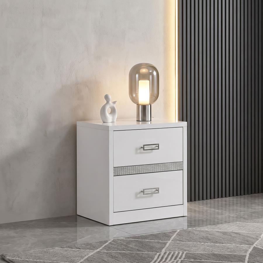 Viana Contemporary 2-Drawer Nightstand with Chrome Pulls White High Gloss