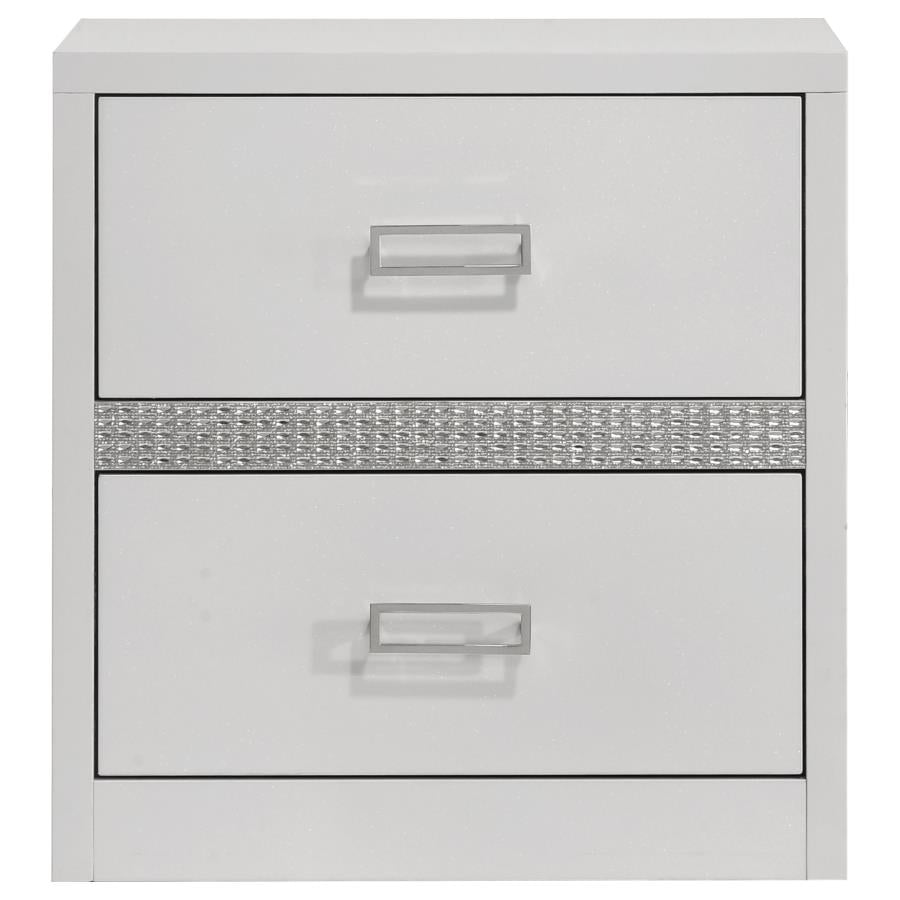 Viana Contemporary 2-Drawer Nightstand with Chrome Pulls White High Gloss