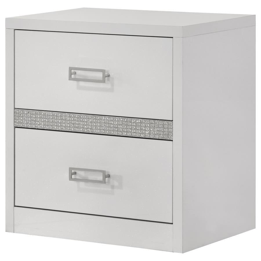 Viana Contemporary 2-Drawer Nightstand with Chrome Pulls White High Gloss