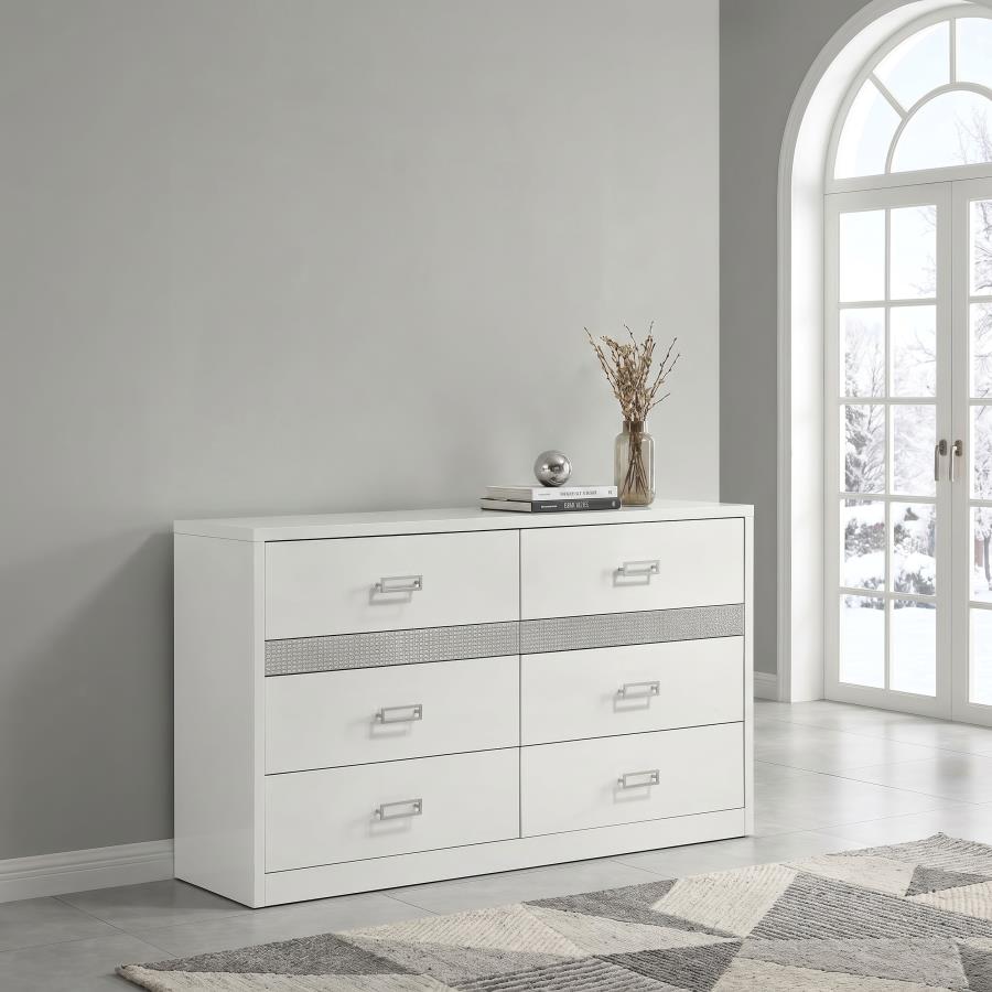 Viana 6-Drawer Bedroom Dresser with Chrome Pulls White High Gloss