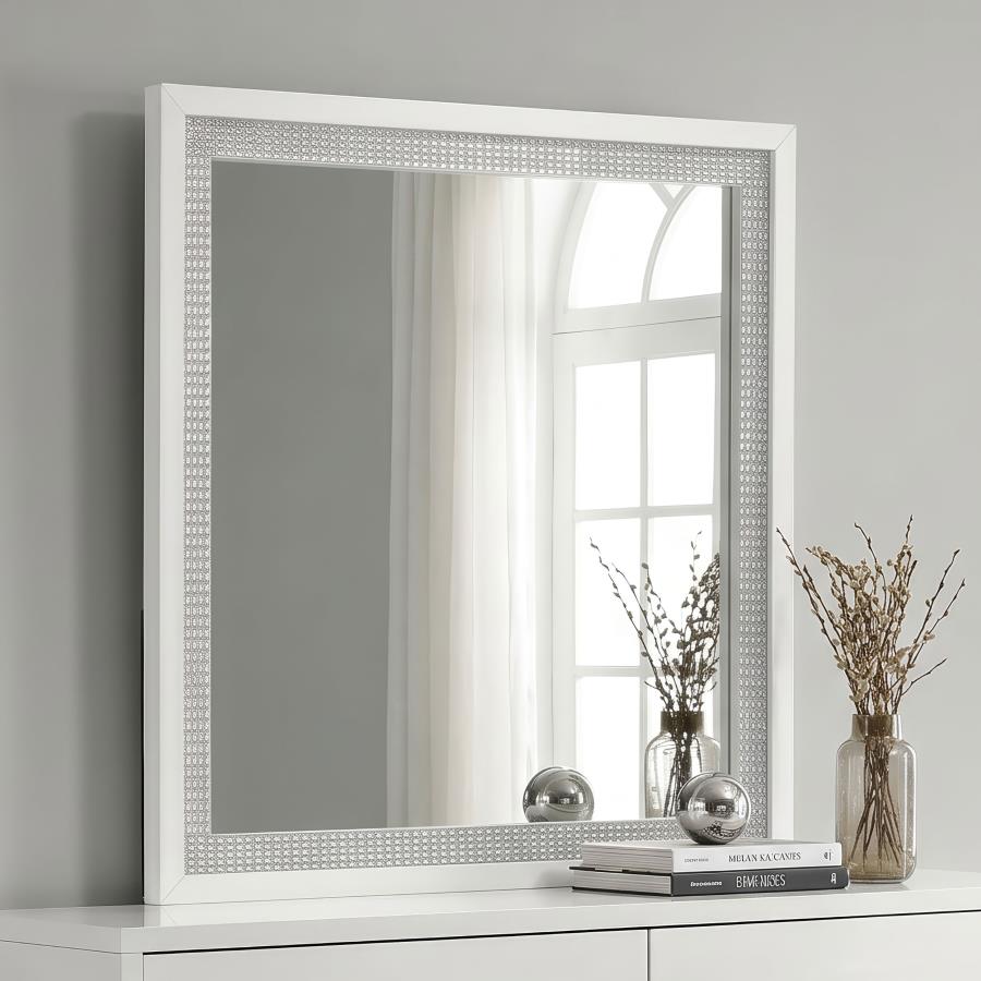Viana Square Beveled Dresser Mirror with Faceted Trim White High Gloss