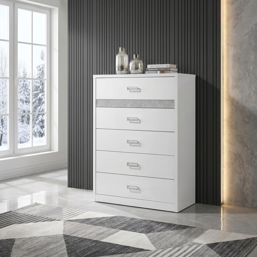Viana 5-Drawer Chest of Drawers with Chrome Pulls White High Gloss