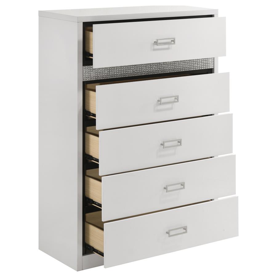 Viana 5-Drawer Chest of Drawers with Chrome Pulls White High Gloss