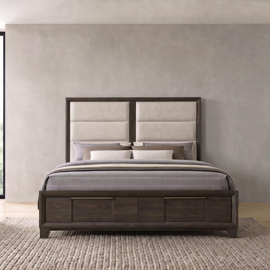 Farre Eastern King Upholstered Storage Platform Bed Dark Brown