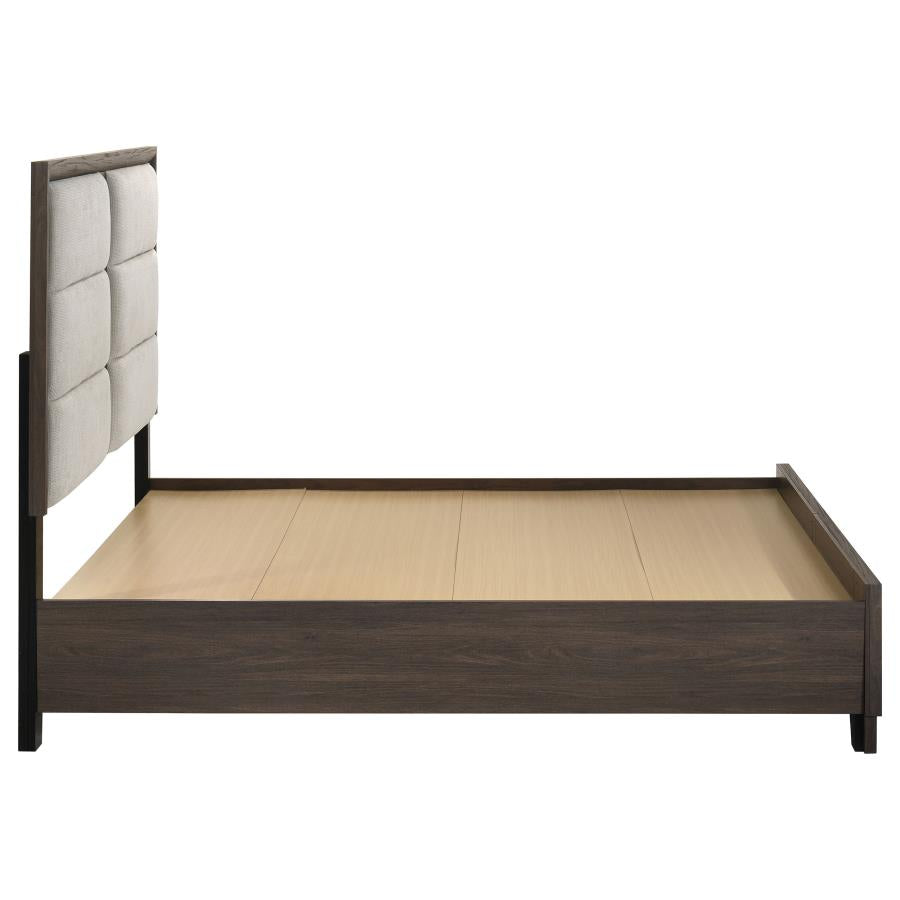 Farre Eastern King Upholstered Storage Platform Bed Dark Brown