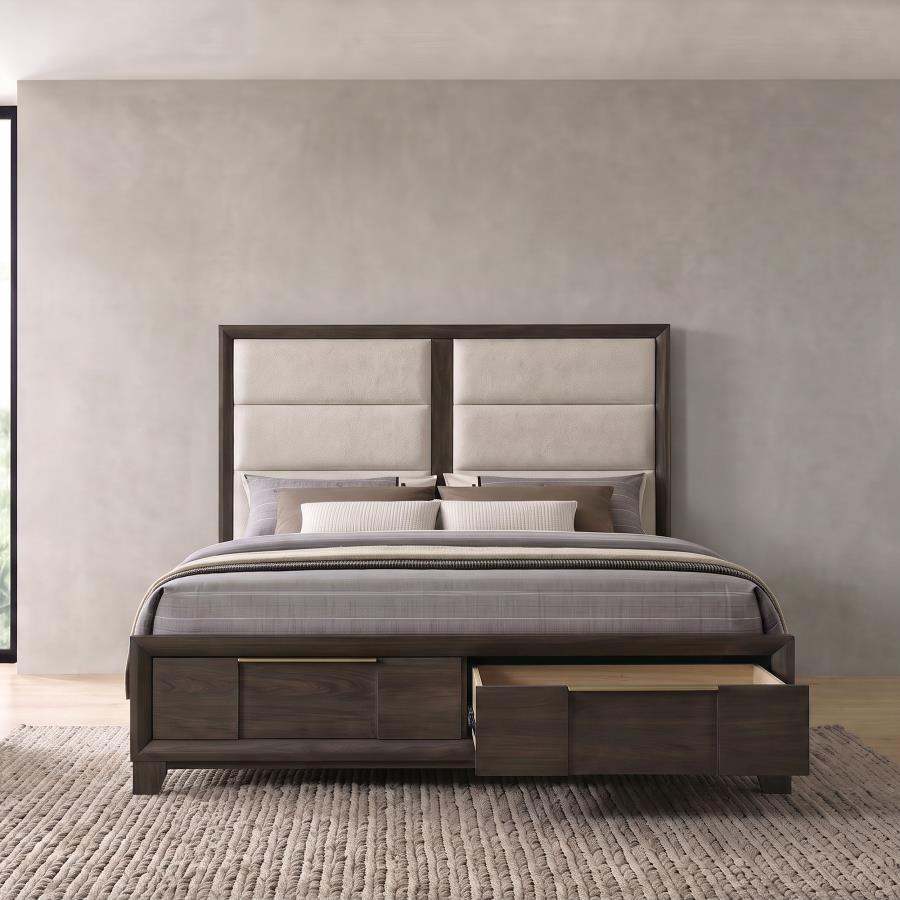 Farre Eastern King Upholstered Storage Platform Bed Dark Brown