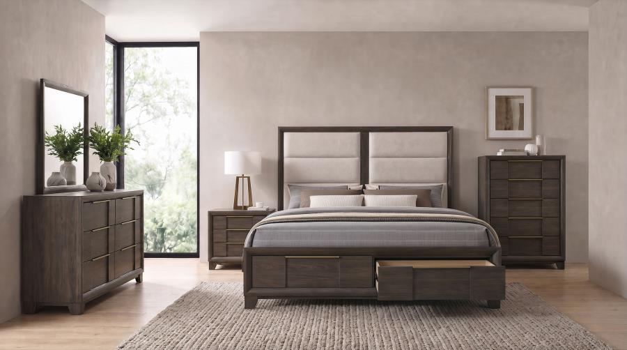 Farre Eastern King Upholstered Storage Platform Bed Dark Brown
