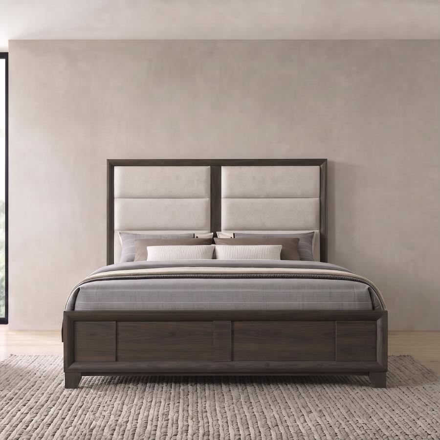 Farre Eastern King Upholstered Platform Panel Bed Dark Brown