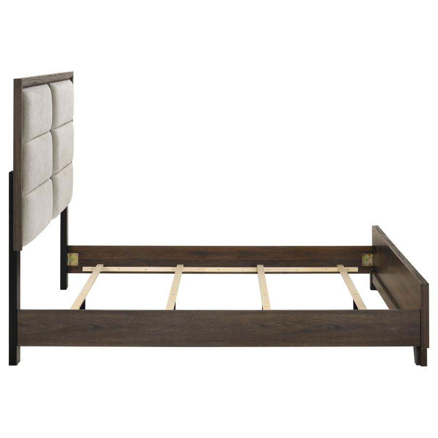 Farre Eastern King Upholstered Platform Panel Bed Dark Brown