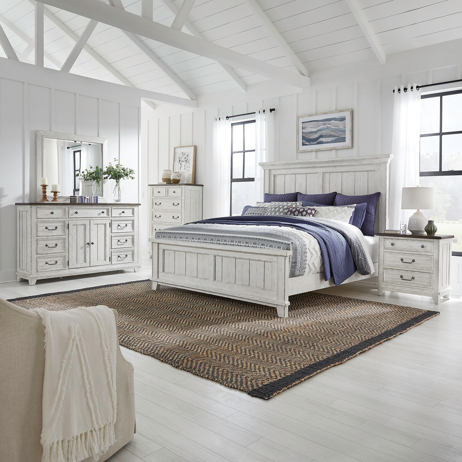 River Place Queen Panel Bed, Dresser & Mirror, Chest, Nightstand