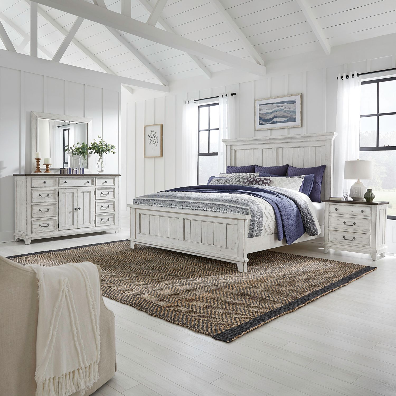 River Place Queen Panel Bed, Dresser & Mirror, Nightstand