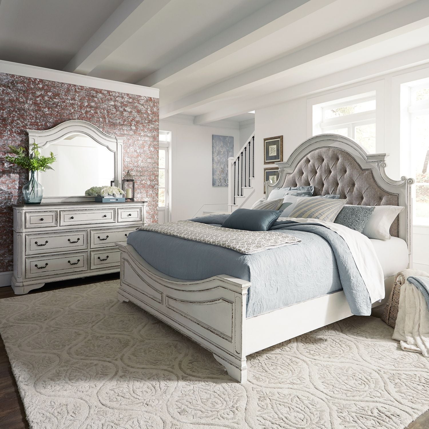 Magnolia Manor King California Upholstered Bed, Dresser & Mirror