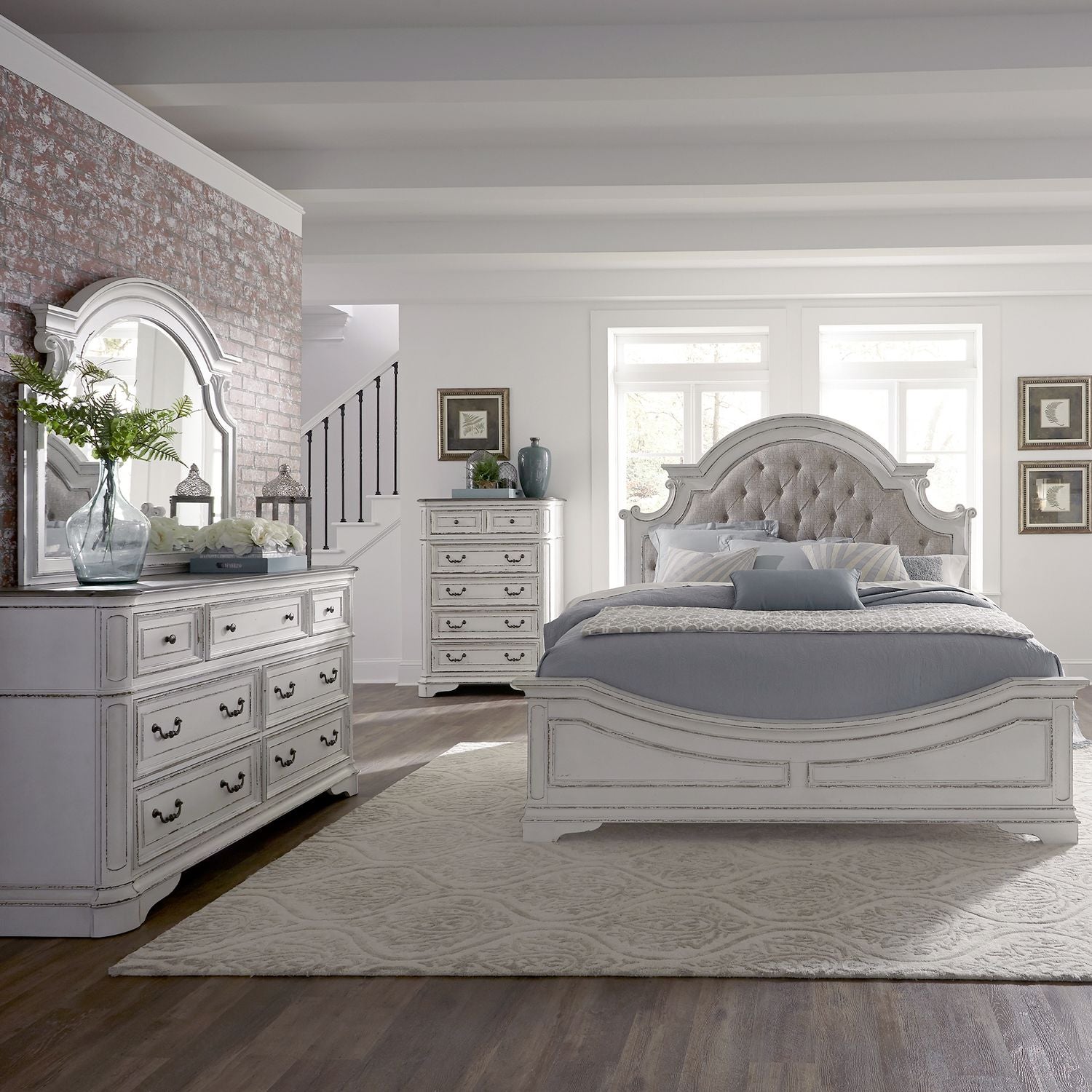 Magnolia Manor King Upholstery Bed, Dresser & Mirror, Chest