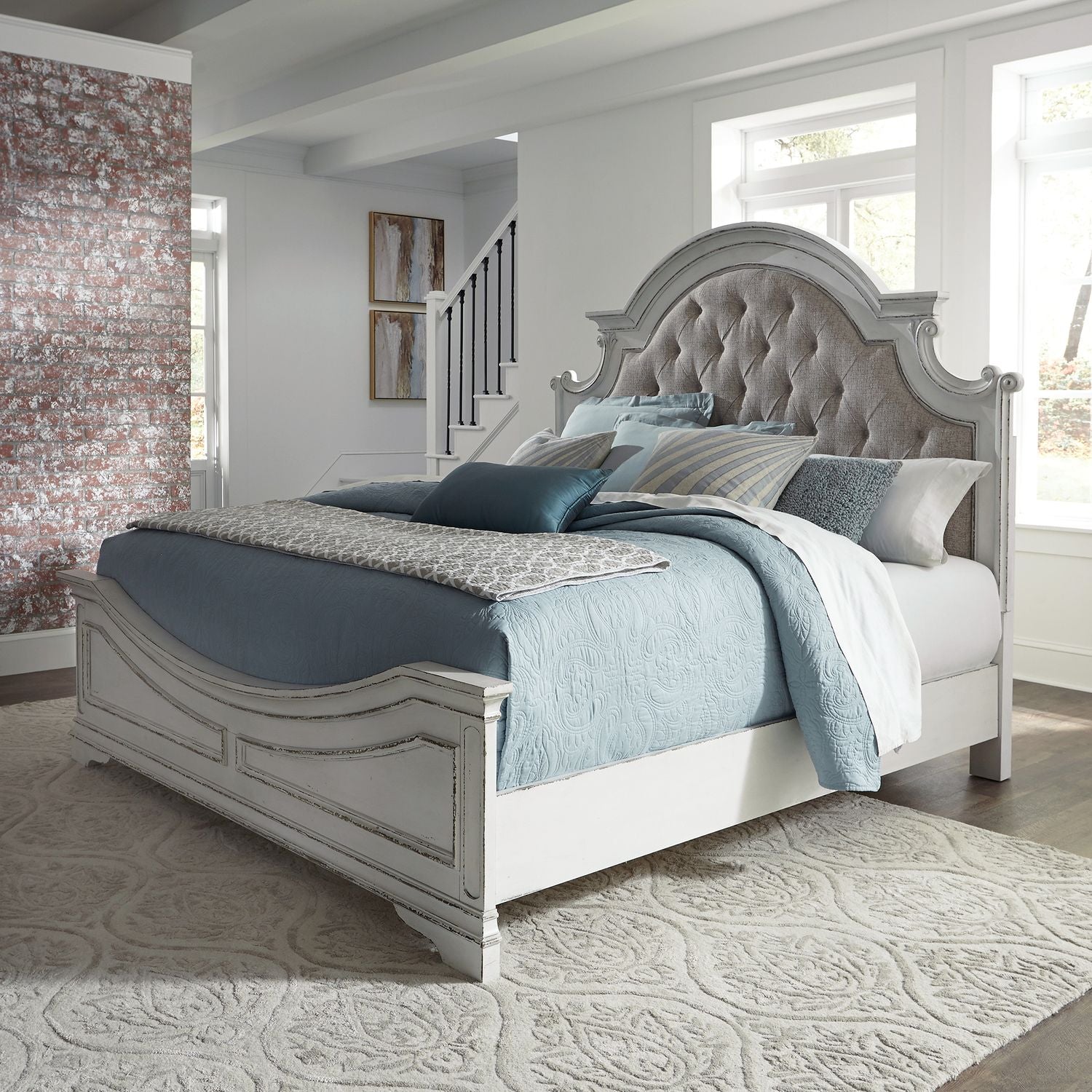 Magnolia Manor King Upholstery Bed, Dresser & Mirror, Chest, Nightstand