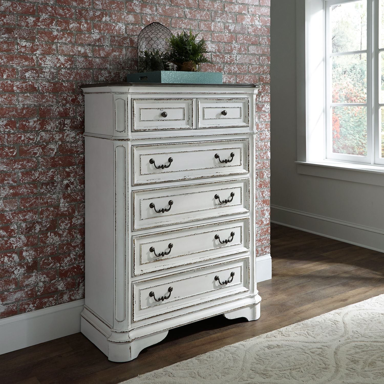 Magnolia Manor King Upholstery Bed, Dresser & Mirror, Chest, Nightstand