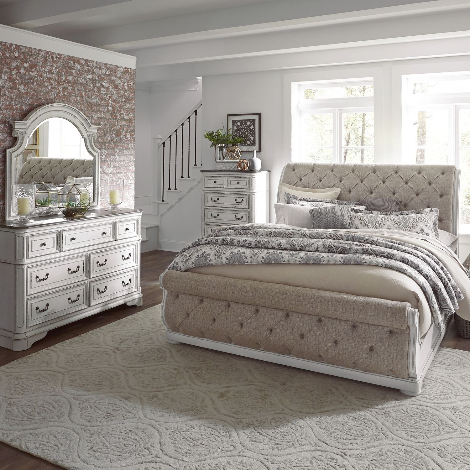 Magnolia Manor King Upholstery Sleigh Bed, Dresser & Mirror, Chest