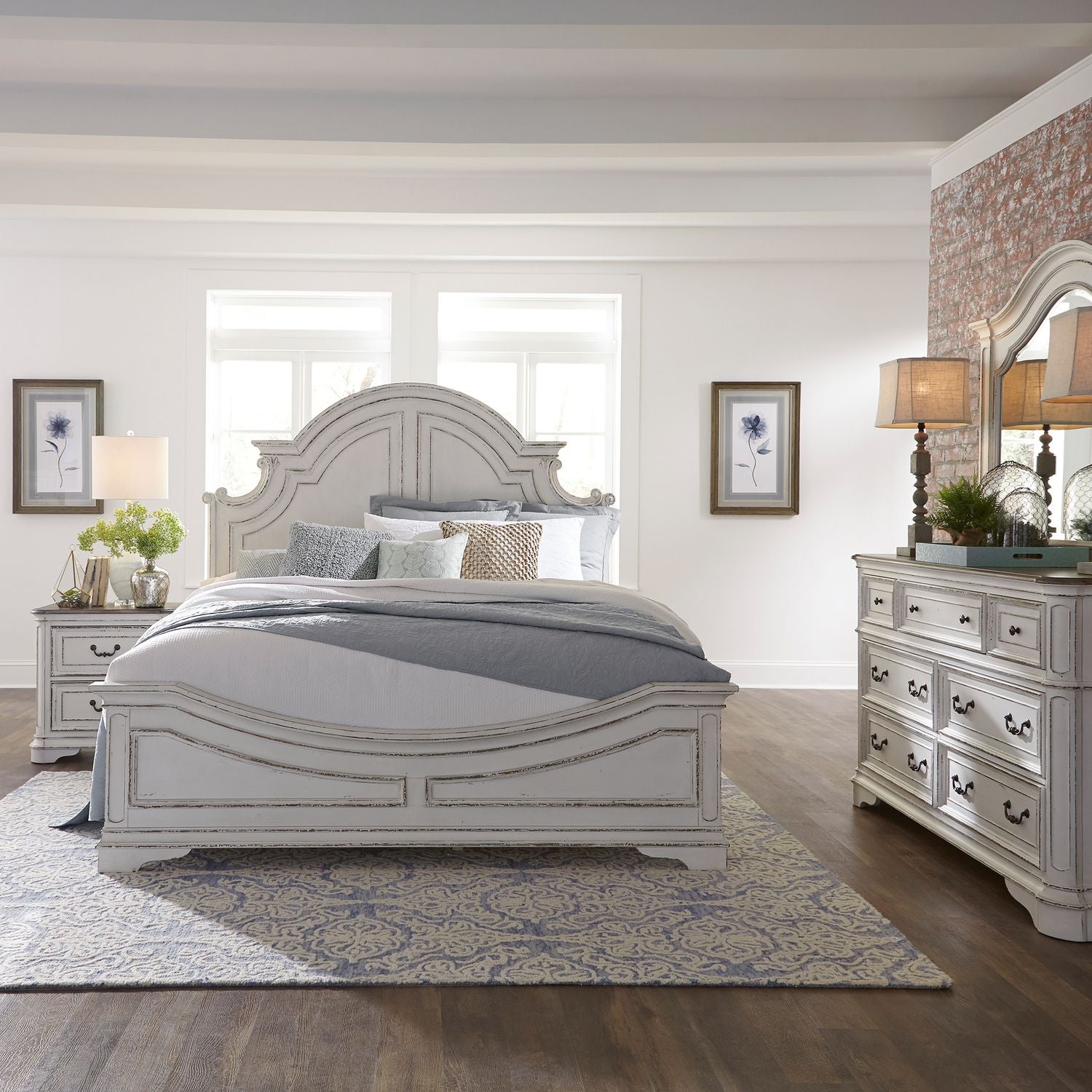 Magnolia Manor Queen Panel Bed, Dresser & Mirror, Nightstand