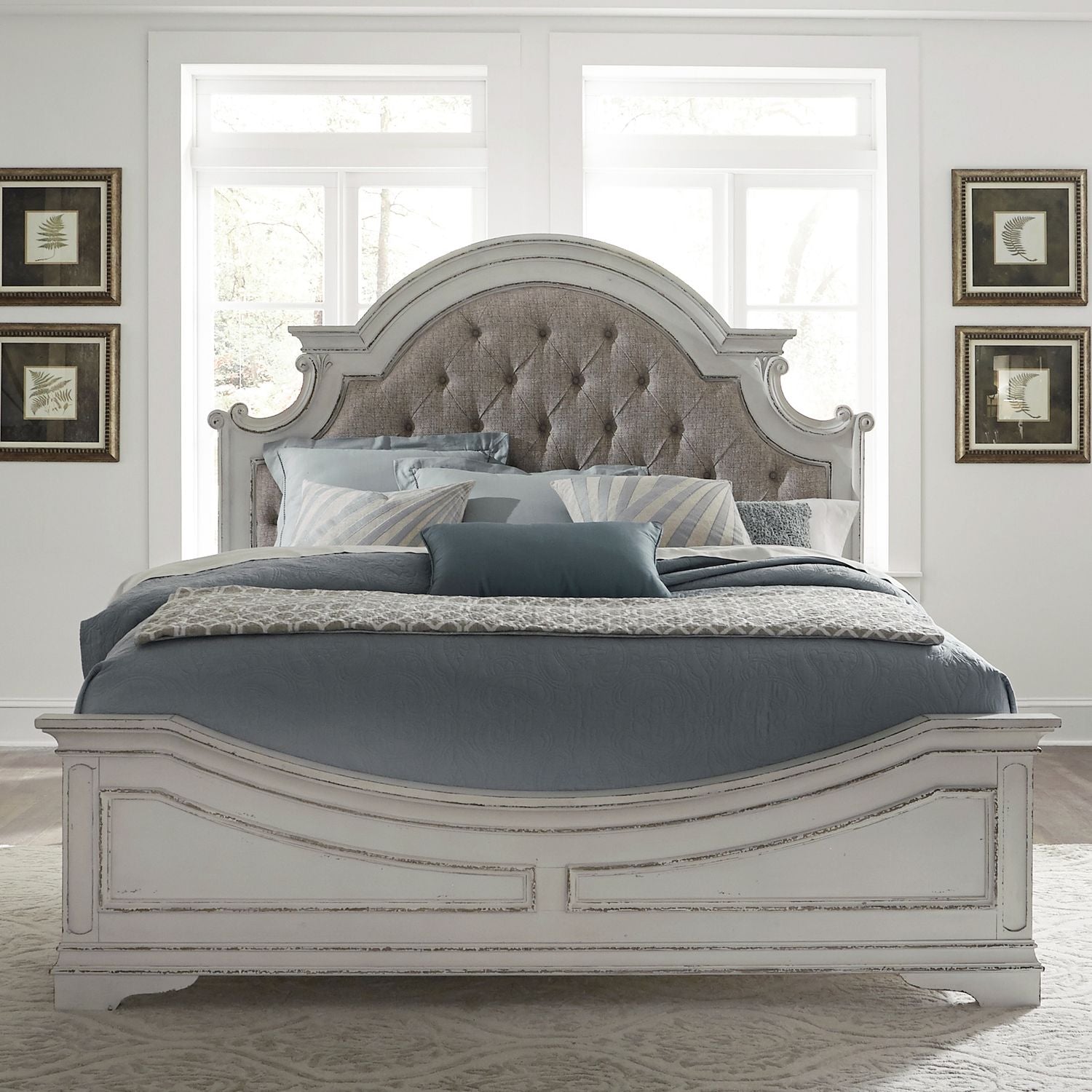 Magnolia Manor Queen Upholstery Bed, Dresser & Mirror, Chest, Nightstand