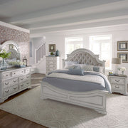 Magnolia Manor Queen Upholstery Bed, Dresser & Mirror, Chest, Nightstand