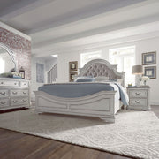 Magnolia Manor Queen Upholstery Bed, Dresser & Mirror, Nightstand