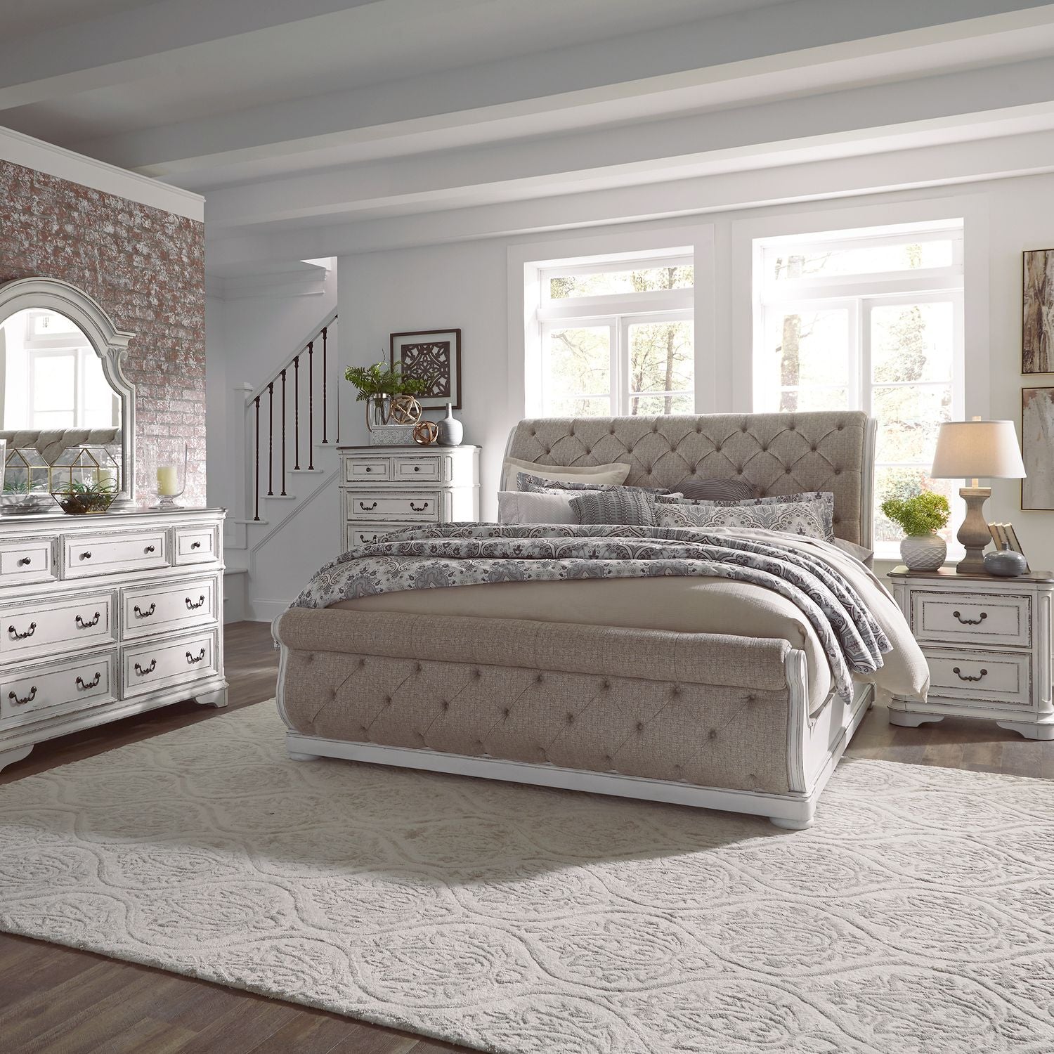 Magnolia Manor Queen Upholstery Sleigh Bed, Dresser & Mirror, Chest, Nightstand