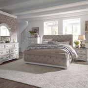 Magnolia Manor Queen Upholstery Sleigh Bed, Dresser & Mirror, Chest, Nightstand