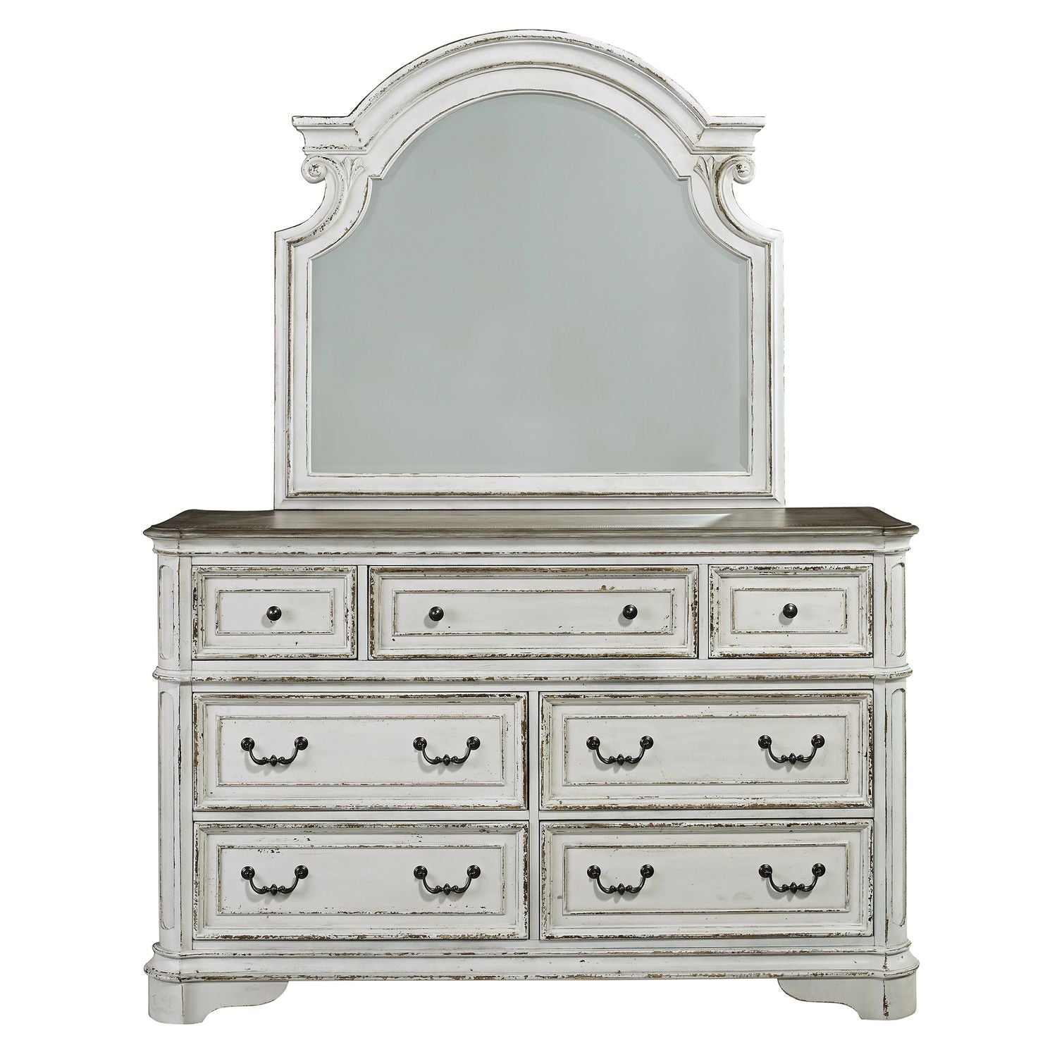 Magnolia Manor Queen Upholstery Sleigh Bed, Dresser & Mirror, Nightstand