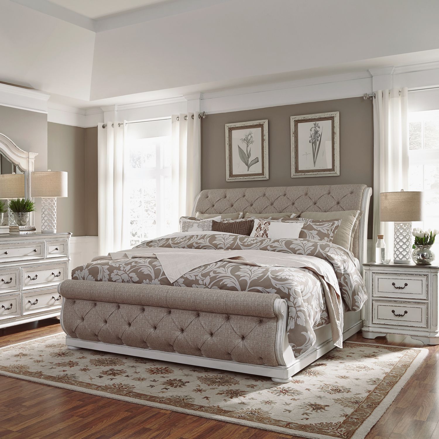 Magnolia Manor Queen Upholstery Sleigh Bed, Dresser & Mirror, Nightstand