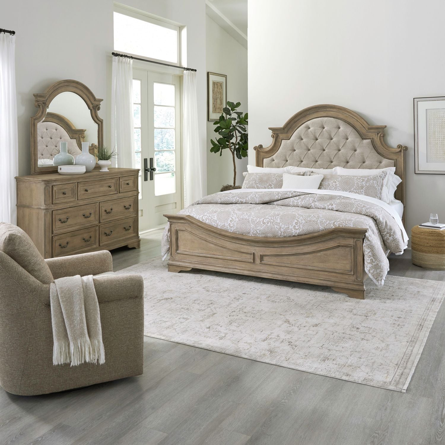 Magnolia Manor King California Upholstery Bed, Dresser & Mirror