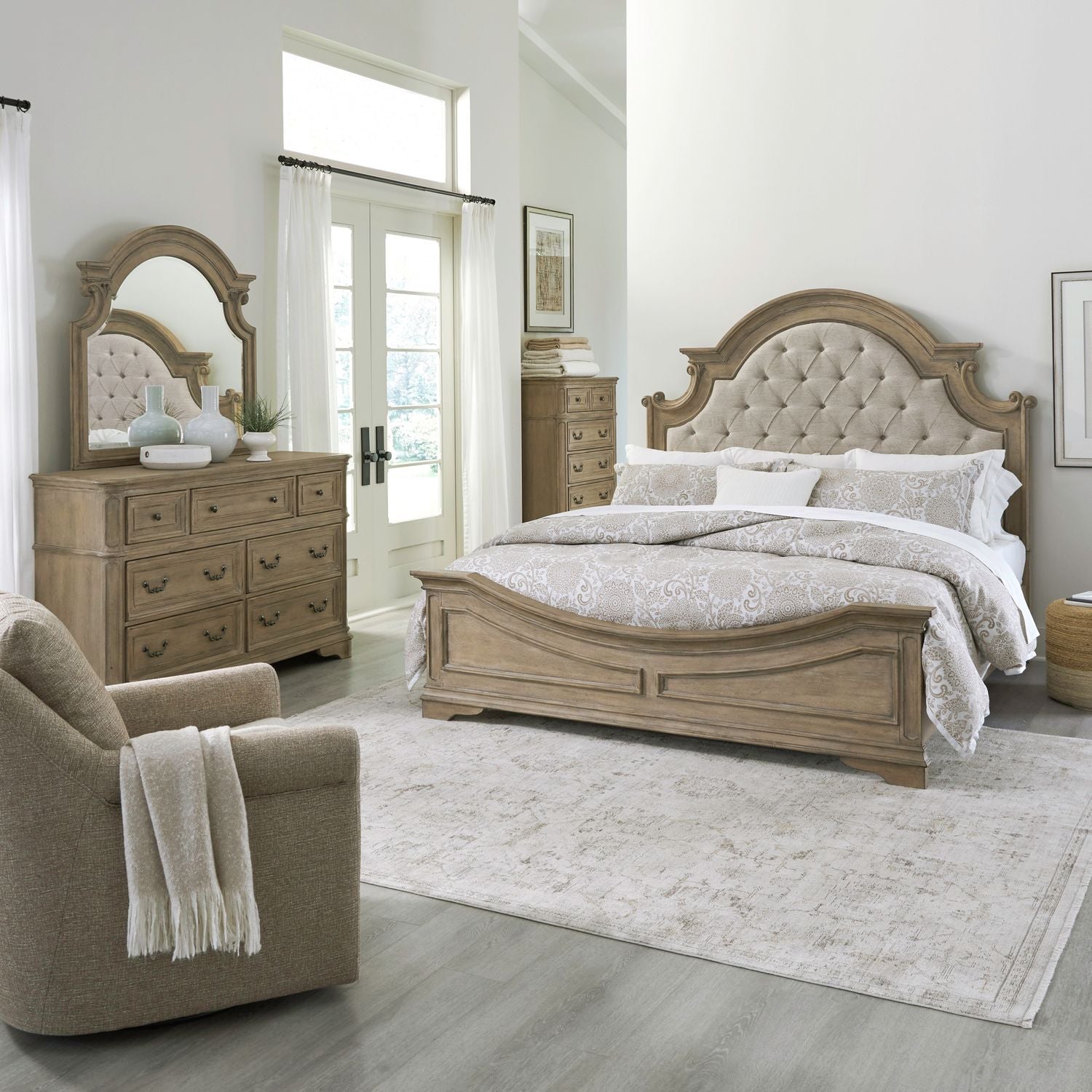 Magnolia Manor King California Upholstery Bed, Dresser & Mirror, Chest