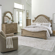 Magnolia Manor King California Upholstery Bed, Dresser & Mirror, Chest