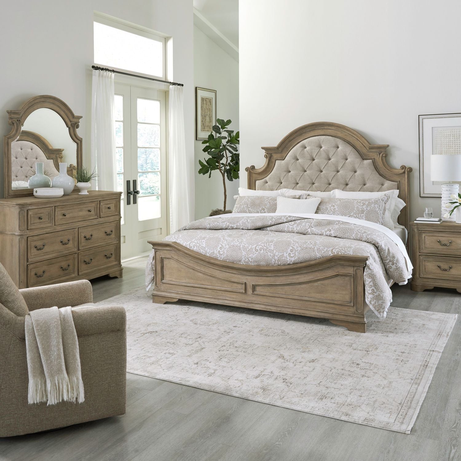 Magnolia Manor King California Upholstery Bed, Dresser & Mirror, Nightstand