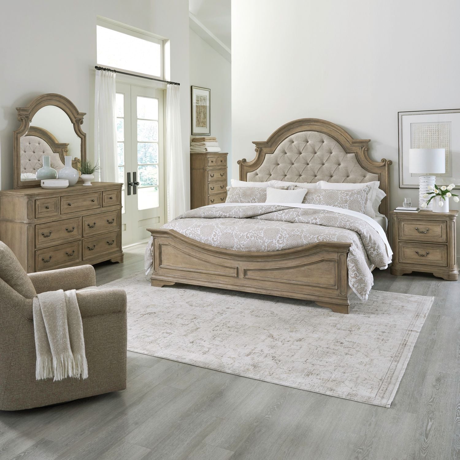 Magnolia Manor King Upholstery Bed, Dresser & Mirror, Chest, Nightstand