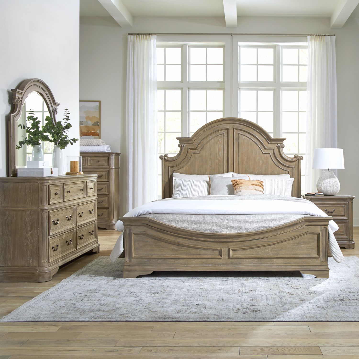 Magnolia Manor Queen Panel Bed, Dresser & Mirror, Chest, Nightstand