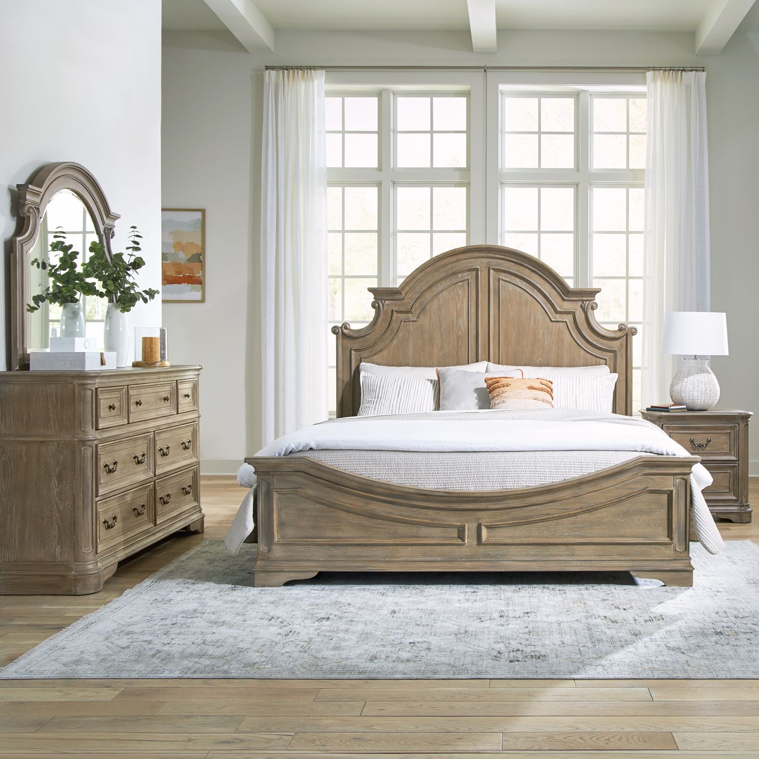 Magnolia Manor Queen Panel Bed, Dresser & Mirror, Nightstand