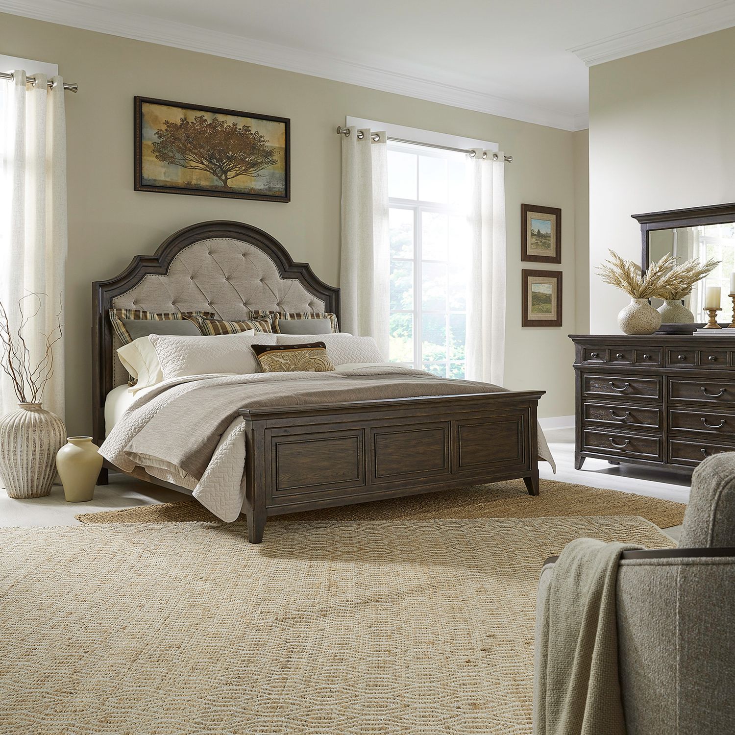 Paradise Valley King California Upholstery Bed, Dresser & Mirror