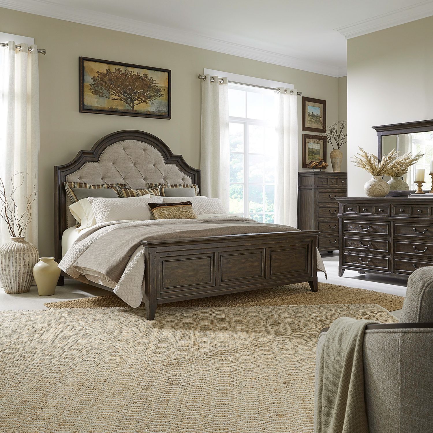 Paradise Valley King California Upholstery Bed, Dresser & Mirror, Chest