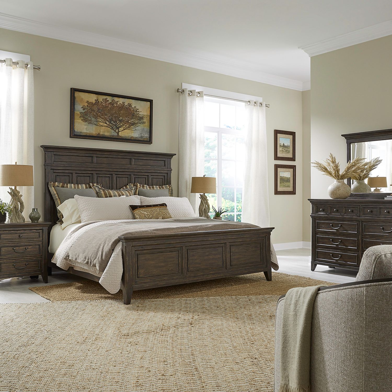 Paradise Valley Queen Panel Bed, Dresser & Mirror, Nightstand
