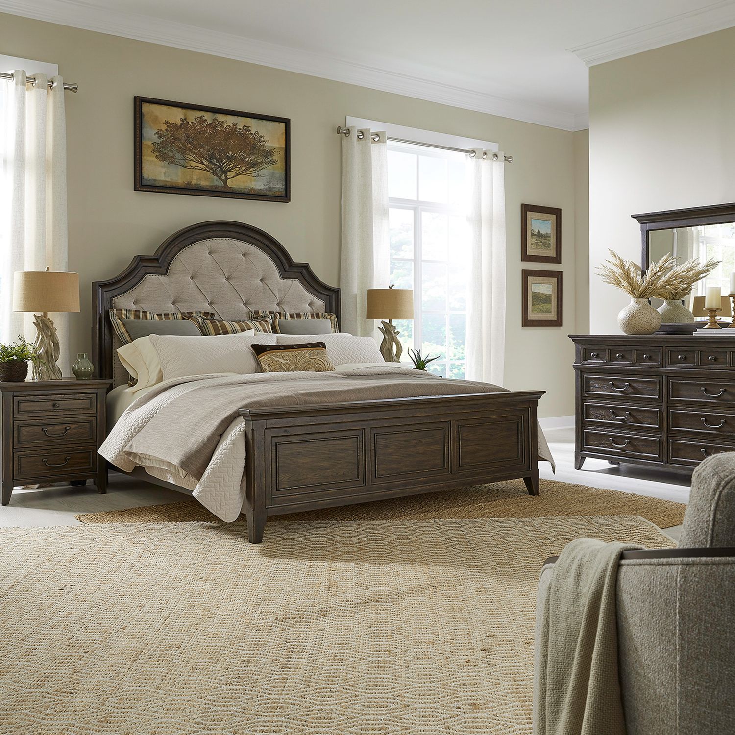 Paradise Valley Queen Upholstery Bed, Dresser & Mirror, Nightstand