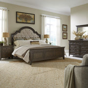 Paradise Valley Queen Upholstery Bed, Dresser & Mirror, Nightstand