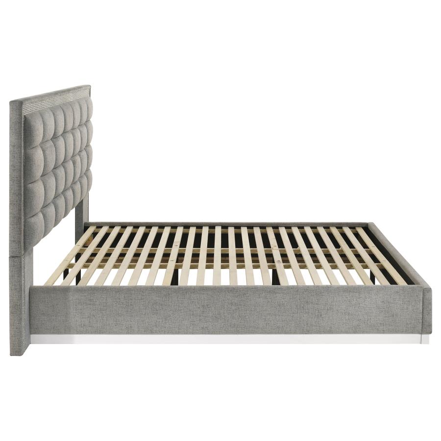 Viana Eastern King Chenille Platform Bed Grey and White High Gloss